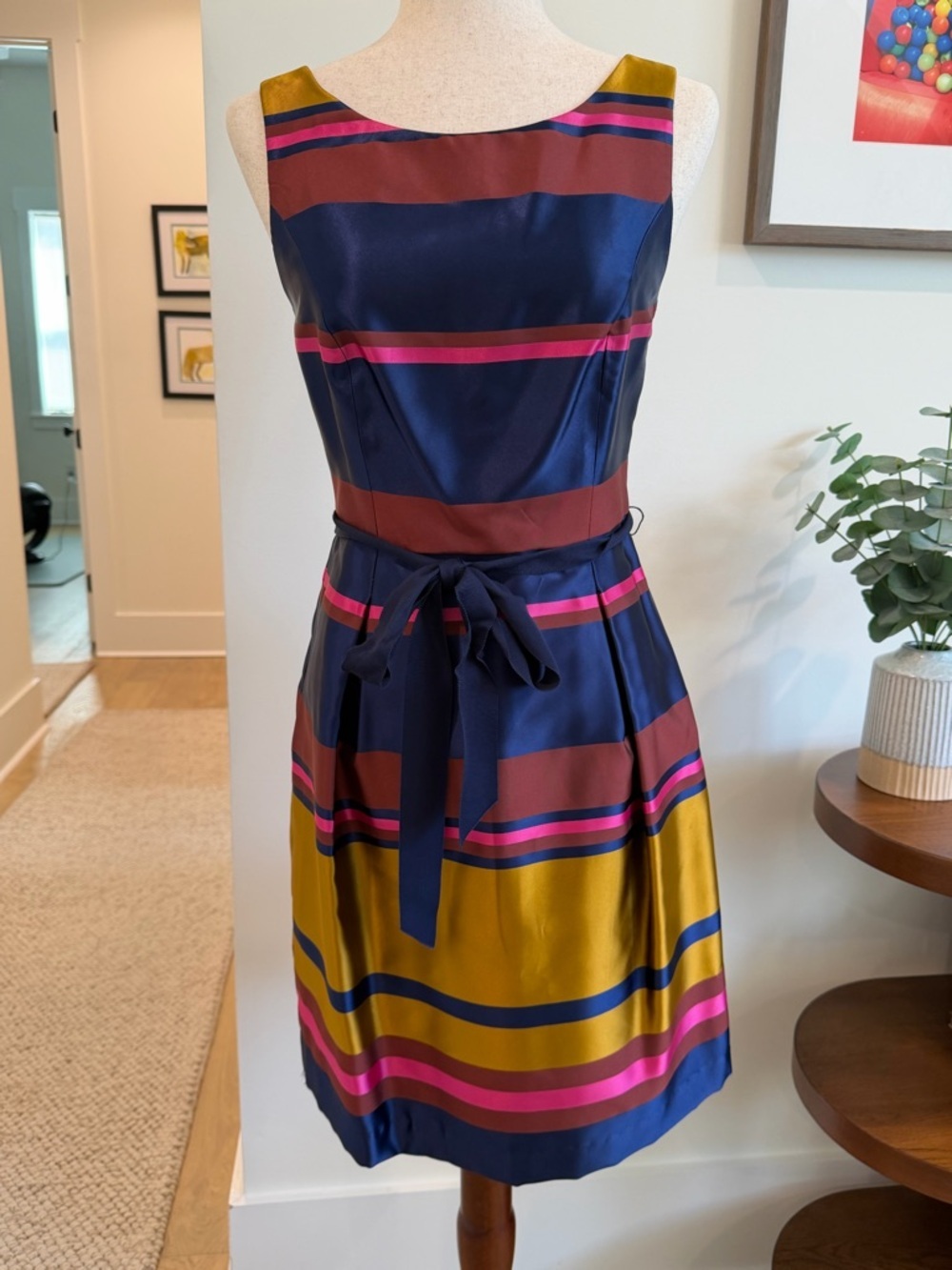 Trina Turk Navy, Mustard & Pink Striped Satin Tie-Waist Midi Dress